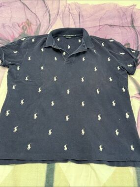 Polo by Ralph Lauren Navy Polo with White All-Over Pony Embroidery